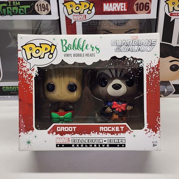 Funko Pop! Marvel Bobblers Groot/Rocket Collectors Corp Xmas Exclusive 2-Pack - Picture 1 of 9